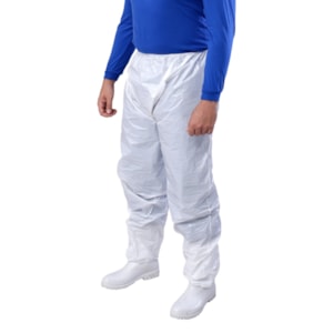 Calça de polietileno branca com elástico na cintura e tornozelo impermeável ref. CAL00003 pacote com 10 unidades Ca 30355 Prevemax