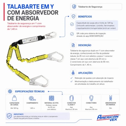Talabarte Duplo Y Elastico C/ Abs Mosquetao 55mm 1,40m Vic23605